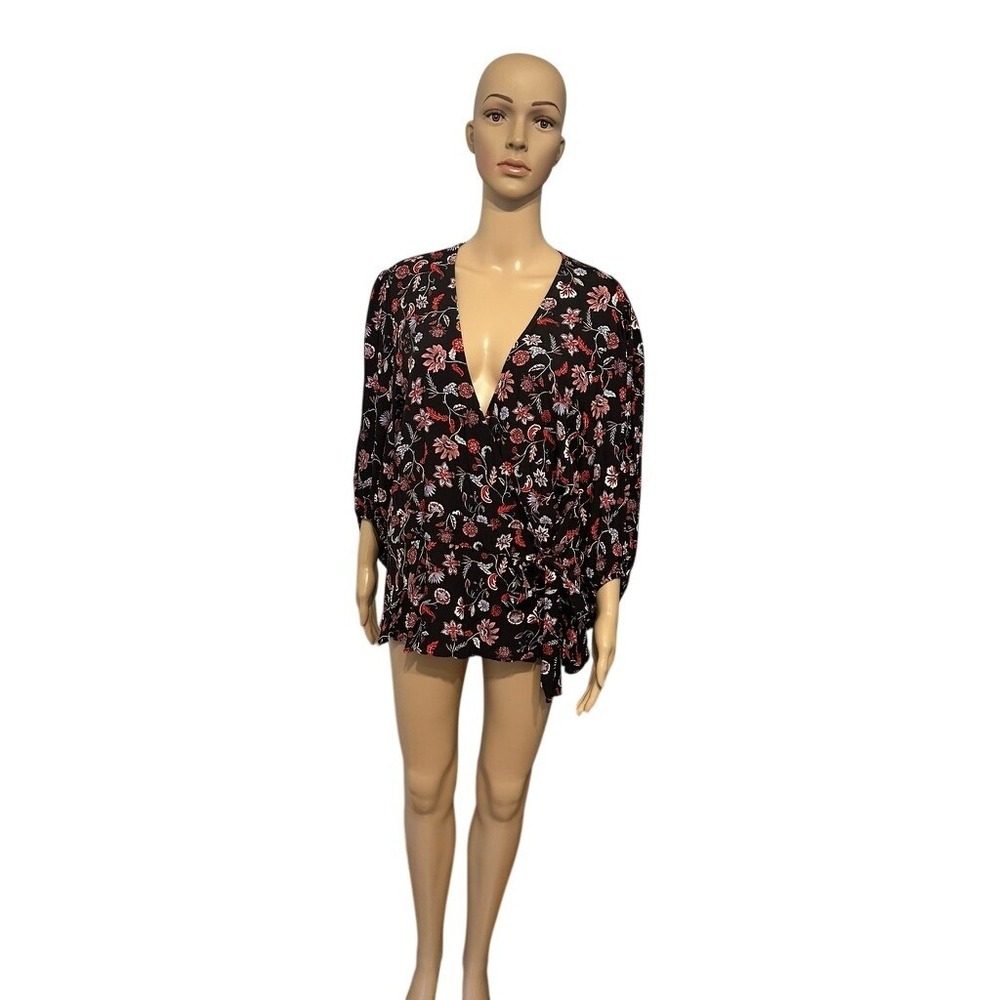 Banana Republic Womens XL Floral Wrap Top Black Red V-Neck Tie Waist Blouse